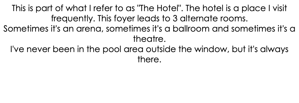 This is part of what I refer to as "The Hotel". The hotel is a place I visit frequently. This foyer leads to 3 alternate rooms. Sometimes it's an arena, sometimes it's a ballroom and sometimes it's a theatre. I've never been in the pool area outside the window, but it's always there.