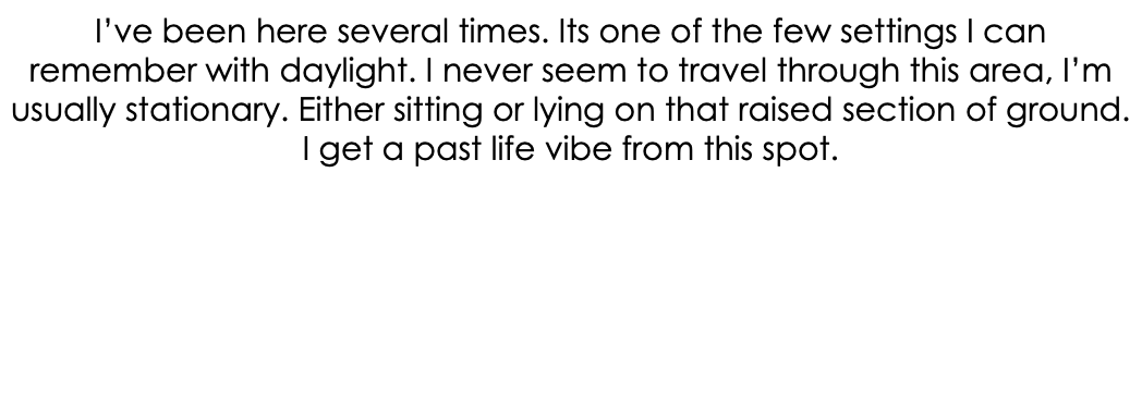 I’ve been here several times. Its one of the few settings I can remember with daylight. I never seem to travel through this area, I’m usually stationary. Either sitting or lying on that raised section of ground. I get a past life vibe from this spot.