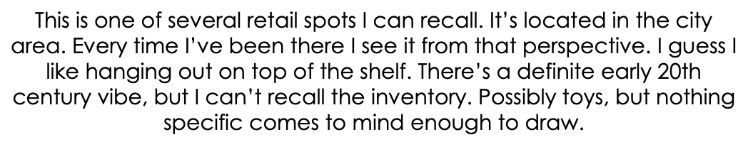 This is one of several retail spots I can recall. It’s located in the city area. Every time I’ve been there I see it from that perspective. I guess I like hanging out on top of the shelf. There’s a definite early 20th century vibe, but I can’t recall the inventory. Possibly toys, but nothing specific comes to mind enough to draw.