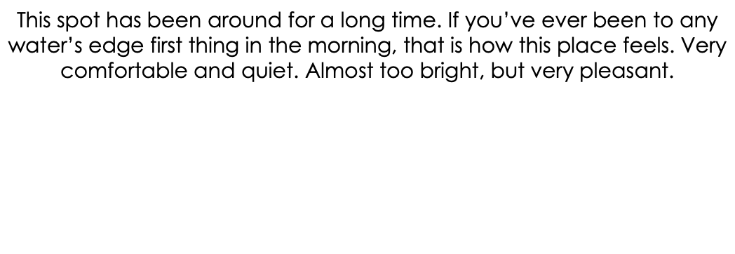 This spot has been around for a long time. If you’ve ever been to any water’s edge first thing in the morning, that is how this place feels. Very comfortable and quiet. Almost too bright, but very pleasant.